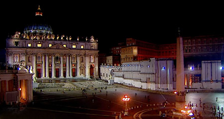 La Basilica di San Pietro nella notte della prima fumata nera del Coclave